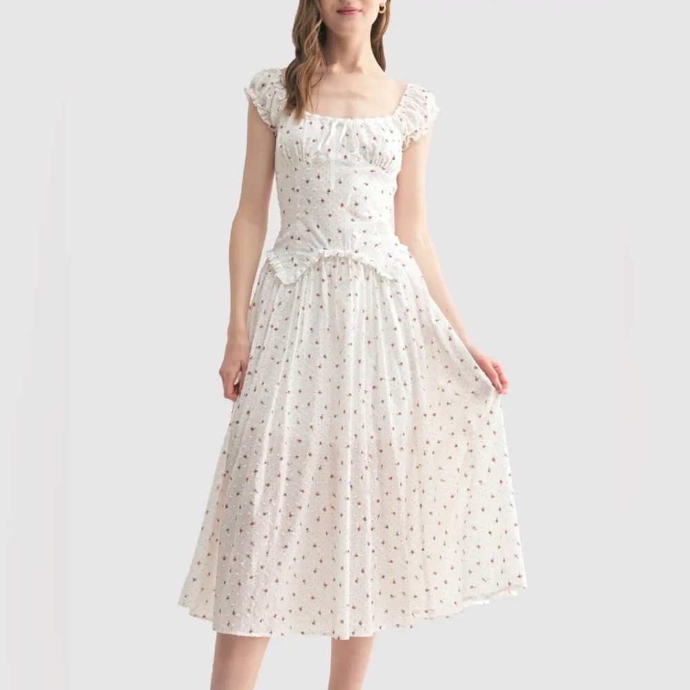 All in Favor Ivory Dress with Red Floral Pattern ditsy white midi M